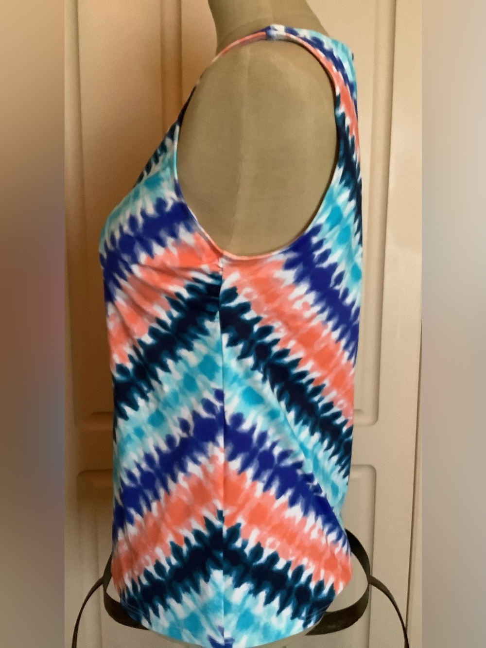 Lands End Tankini Swim Top-Orange Aqua Blue White Diagonal-High Neck-12P-NWOT - Picture 3 of 8